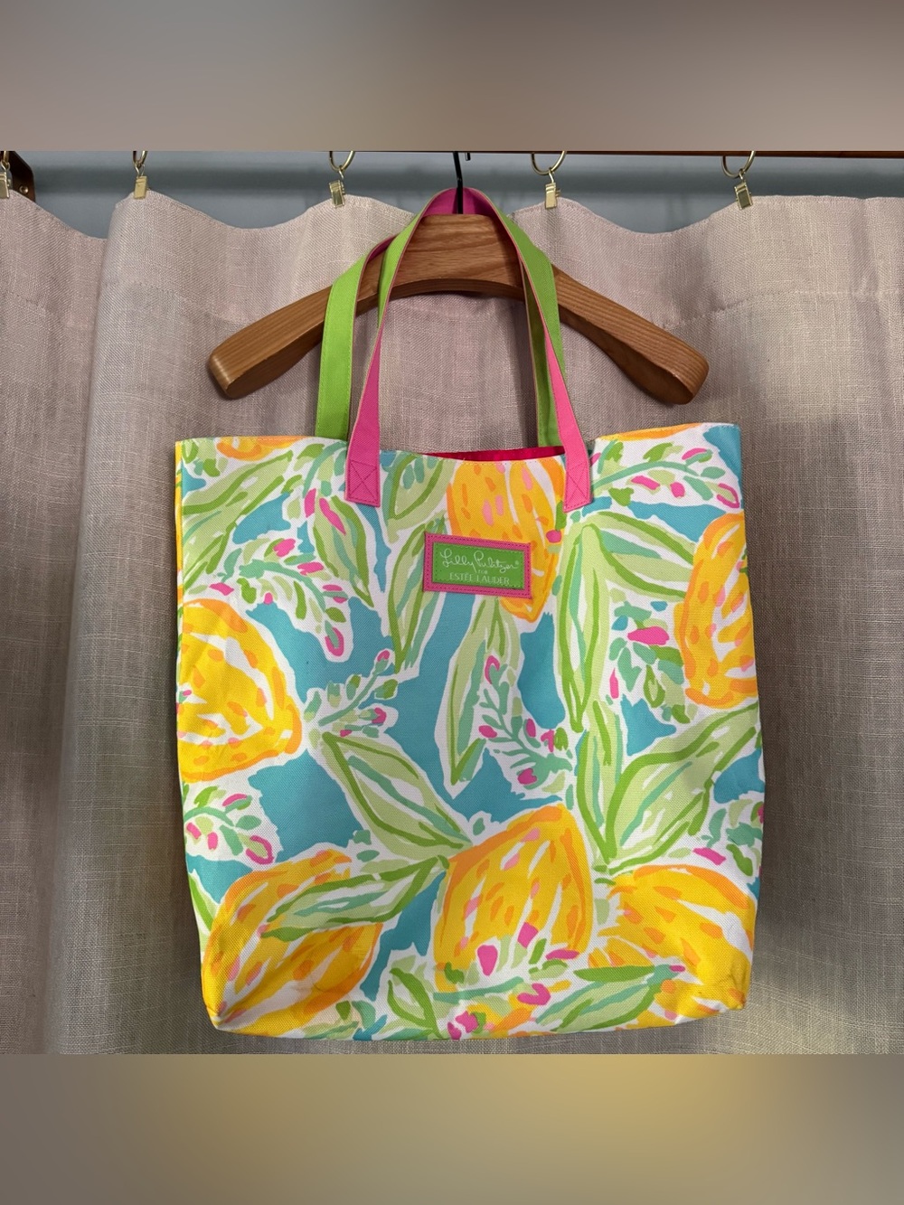 Lily Pulitzer Estée Lauder pink blue and yellow lemon shoulder bag